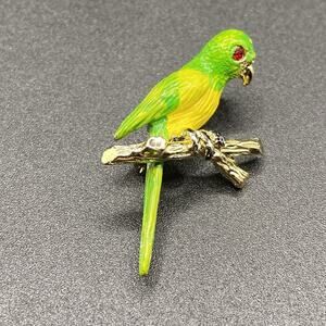 Vintage Enamel Rhinestone Parrot Brooch Bird Green Yellow Gold Tone